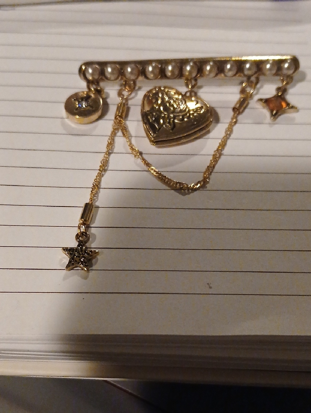 Gold Tone Heart & Star Charm Brooch with Faux Pearls